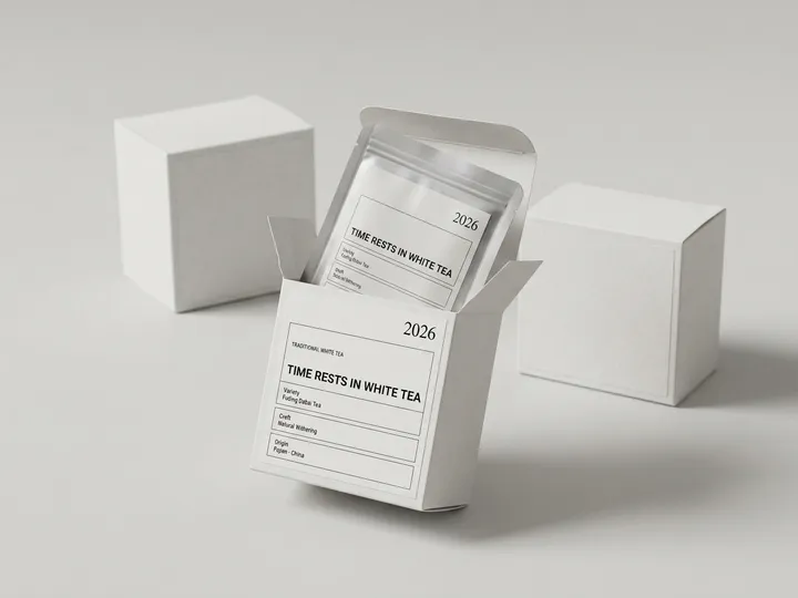 Open folding tea carton with tuck flap, dust flaps, and a sealed white tea pouch