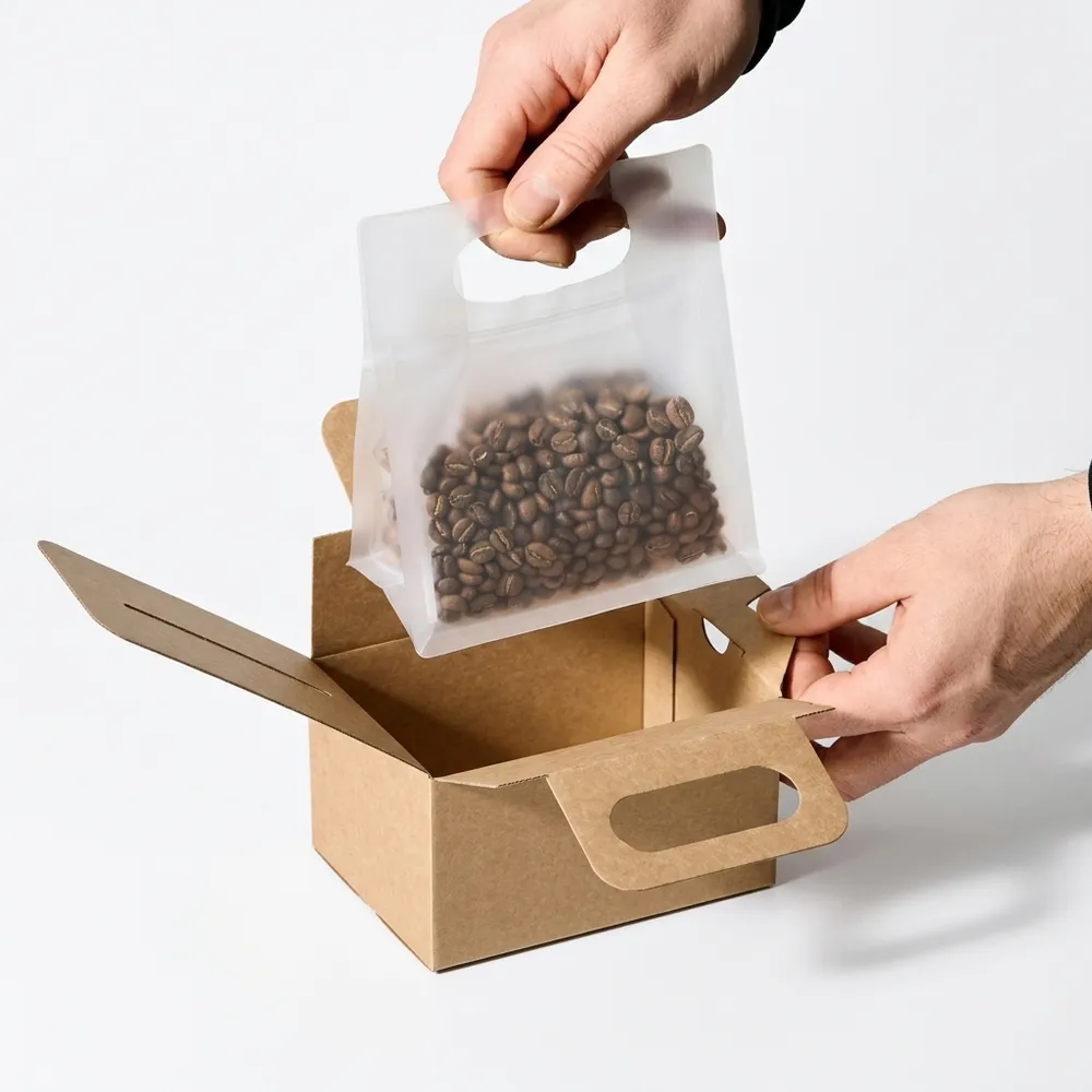 Coffee bean pouch being packed into a kraft paper food and beverage gift box