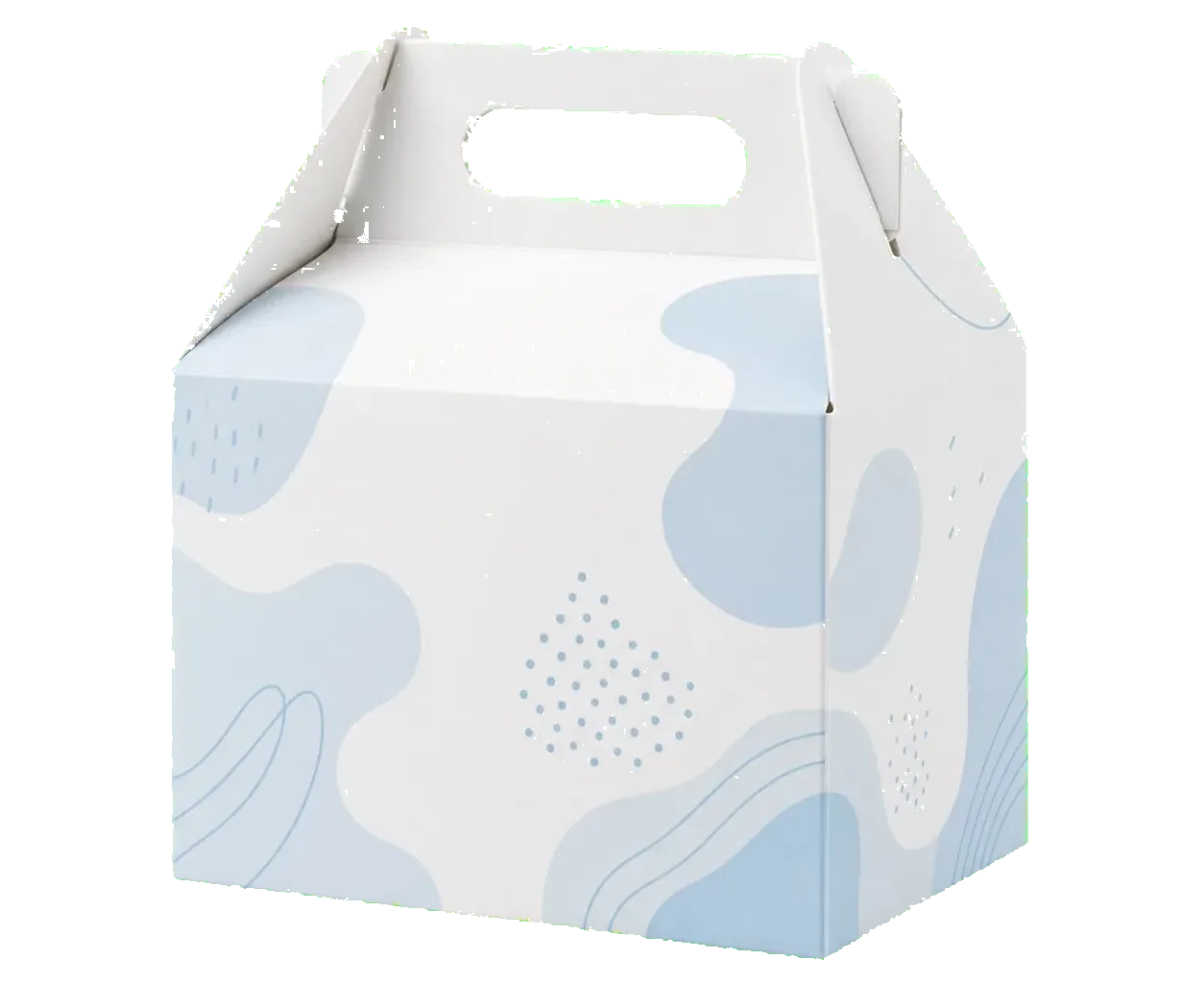 Gable box closed front three-quarter view with clean printed paperboard panels