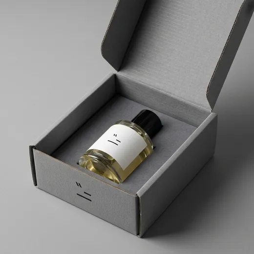 Clear cylindrical perfume bottle seated in a fitted insert inside an open gray mailer box