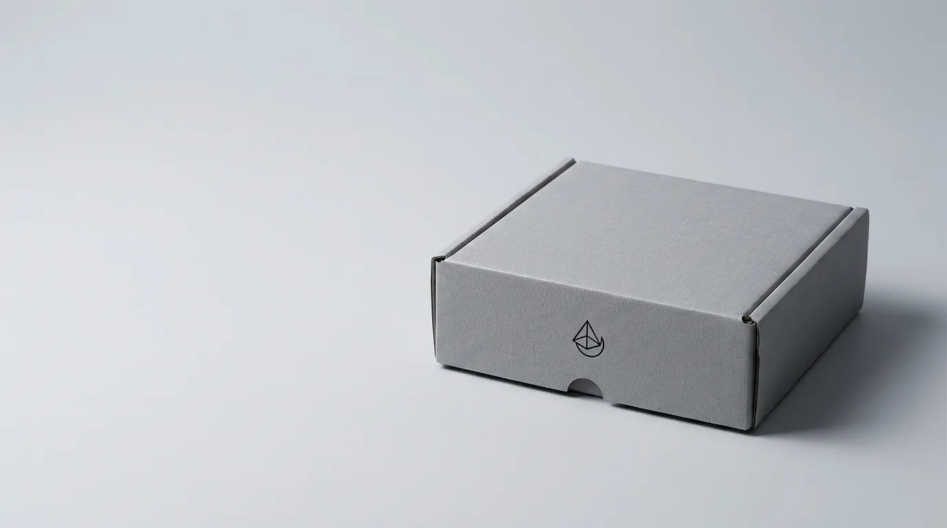 Closed gray perfume mailer box with a shallow corrugated profile and minimalist black front mark