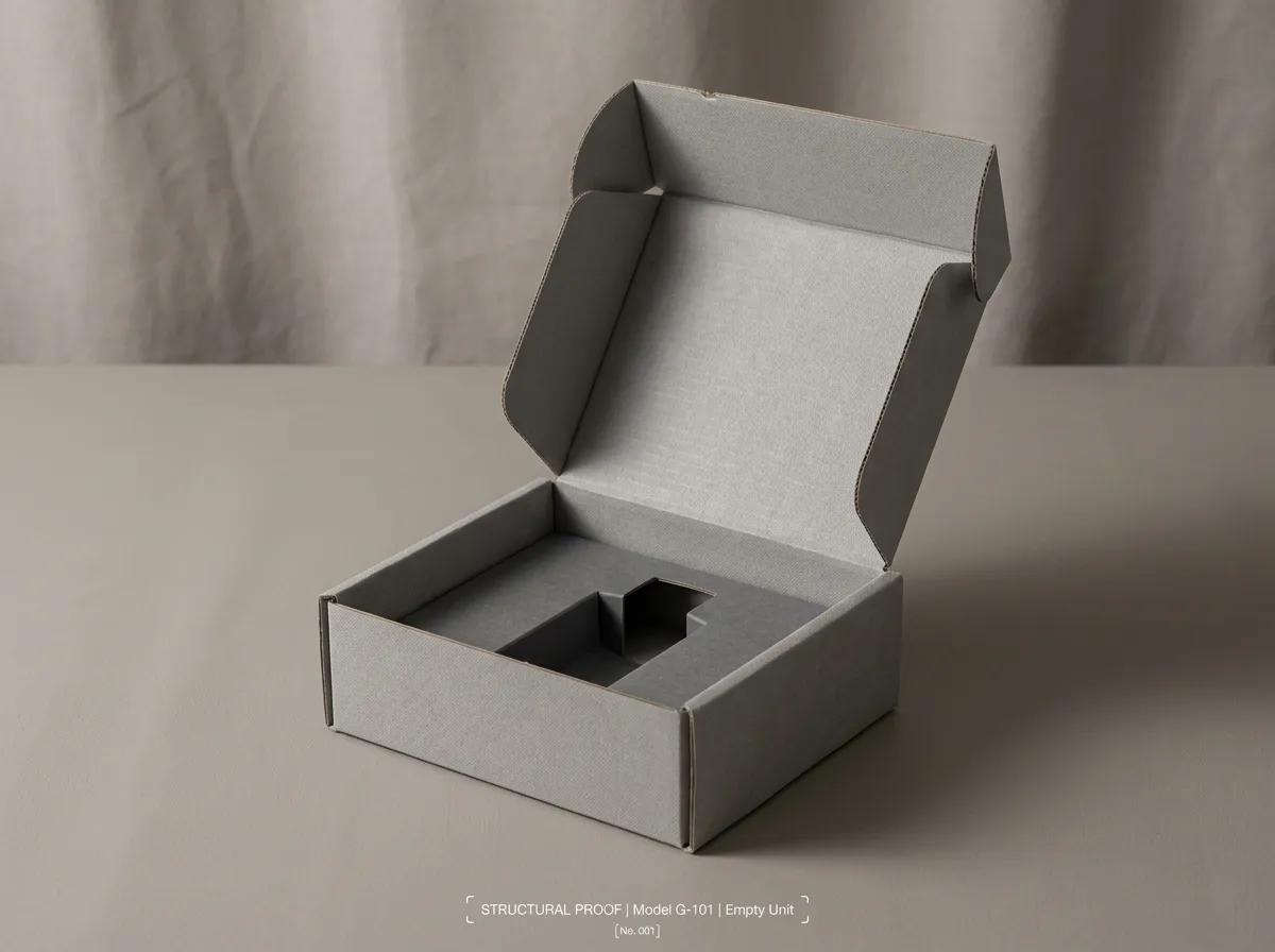Open gray corrugated perfume mailer box showing the hinged lid, side locks, and empty fitted insert