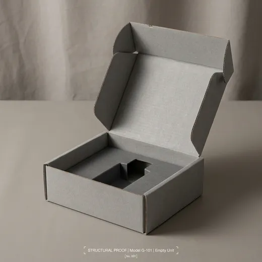 Open gray corrugated perfume mailer box showing the hinged lid, side locks, and empty fitted insert