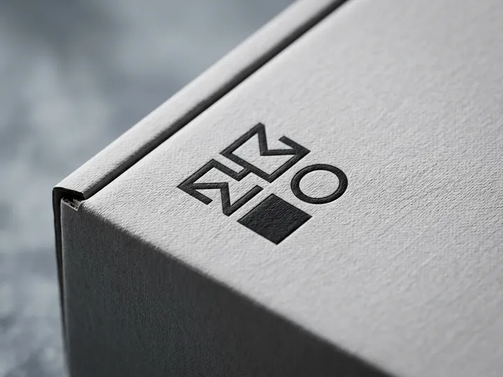 Macro view of black logo printing on the textured gray surface of a perfume mailer box