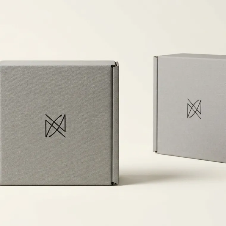 Two closed gray corrugated perfume mailer boxes with minimalist black artwork