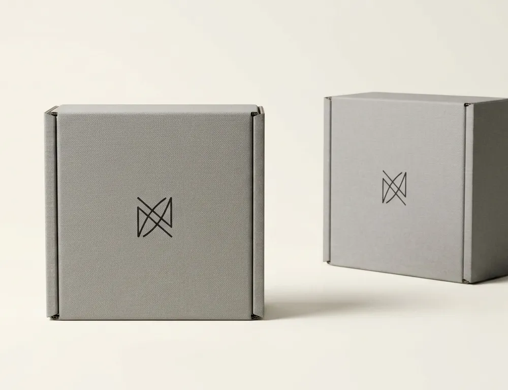 Two closed gray corrugated perfume mailer boxes with black minimalist logo printing