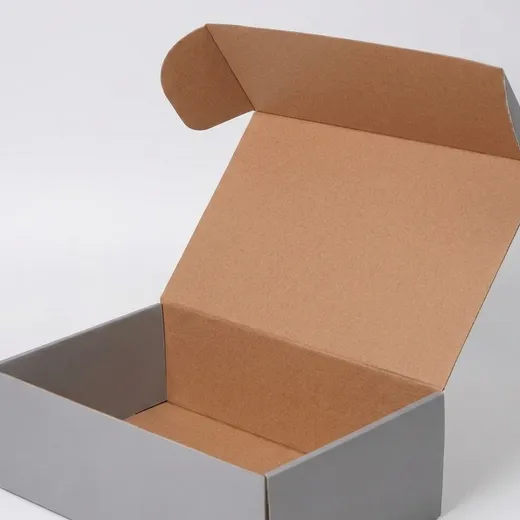 Open gray corrugated shoe box showing its hinged lid, natural kraft interior, side walls, and empty base