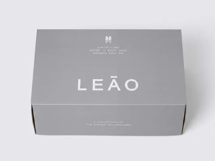 Front studio view of a closed gray corrugated shoe box with silver foil branding