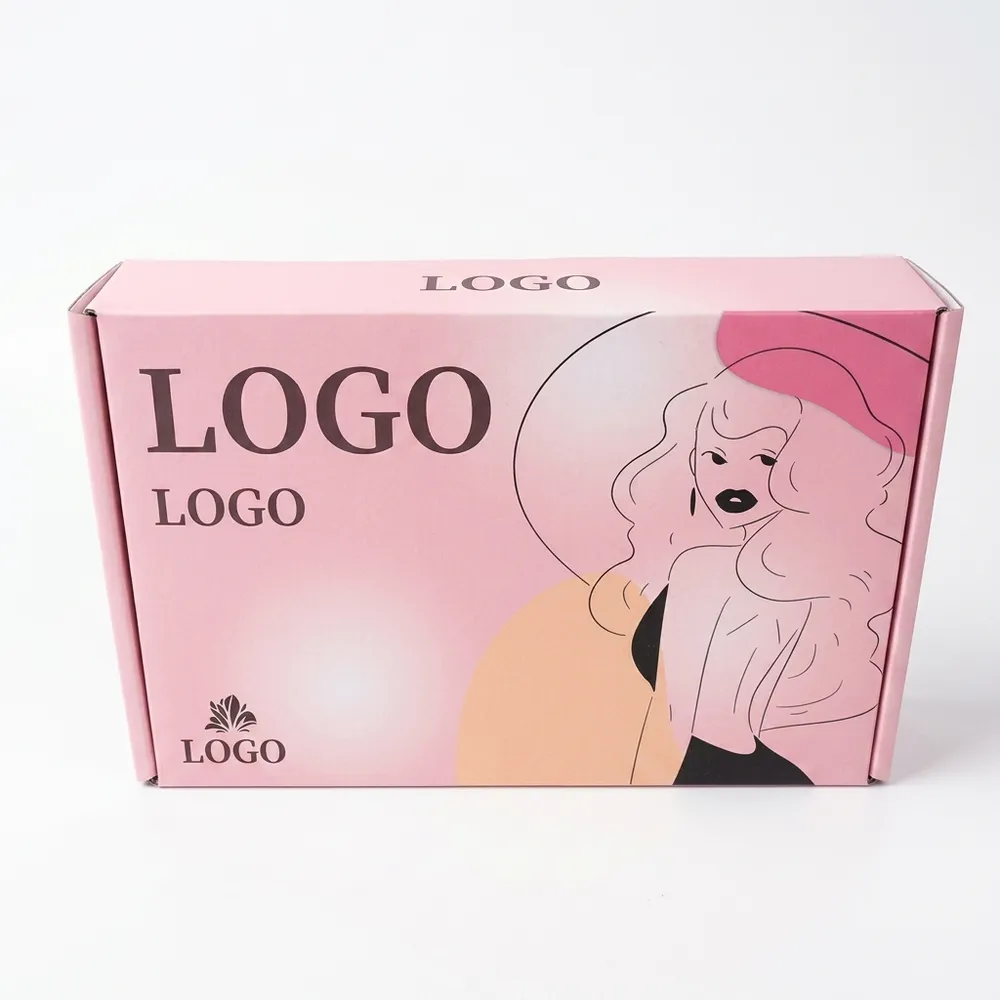 Pink custom mailer box for hair extensions, wigs, and beauty product delivery