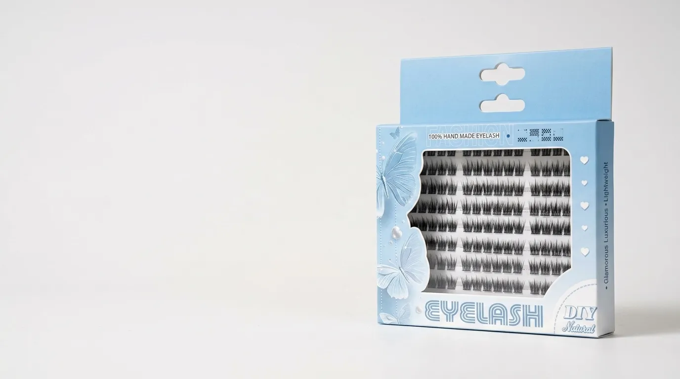 Powder-blue custom hanging window eyelash box on a pale gray studio background