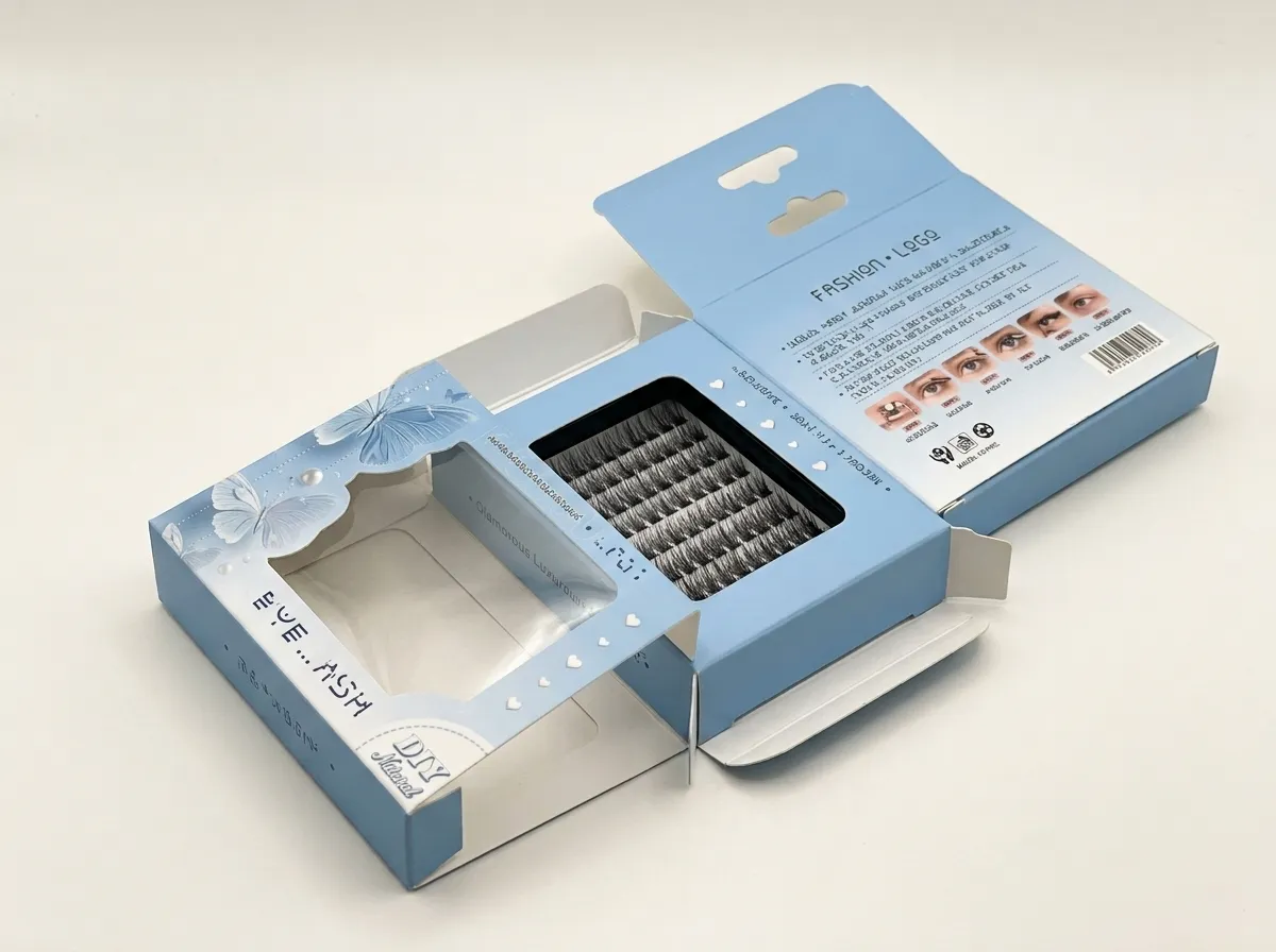 Open powder-blue eyelash folding carton showing the clear window panel, flaps, and lash tray