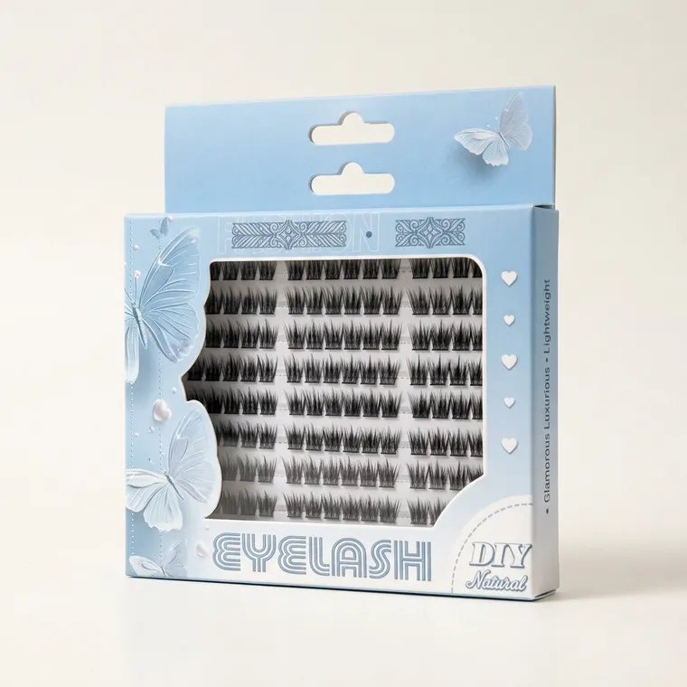 Powder-blue hanging window eyelash box with a clear PET window and black segmented lash tray