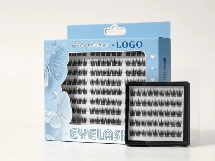 Custom window eyelash carton beside a black tray of segmented false eyelashes