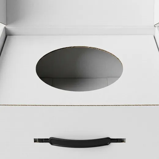 Open white corrugated hat box showing the circular support opening, front carry handle, side walls, and folded edges