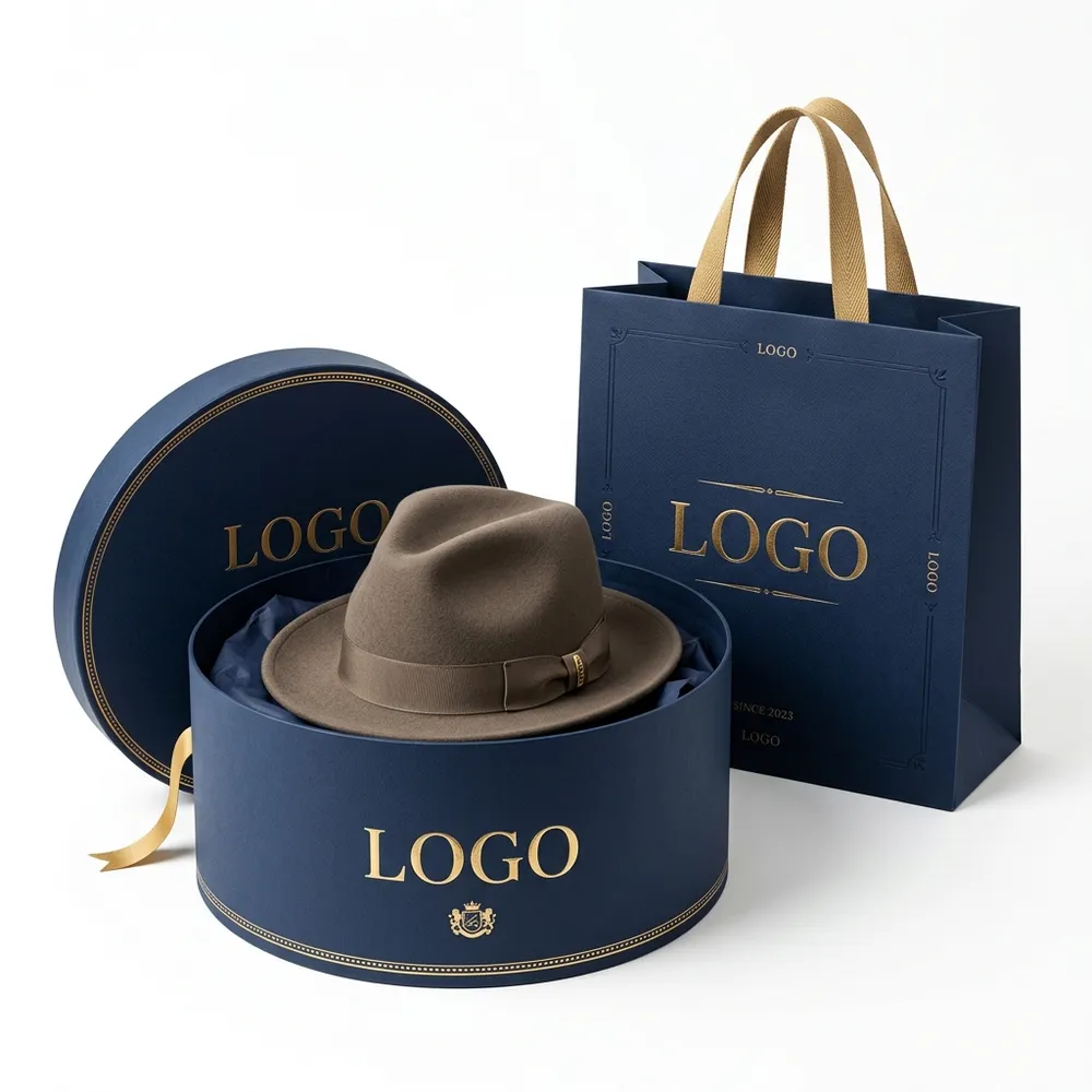 Brown brimmed hat presented in a navy round custom hat box with matching paper shopping bag