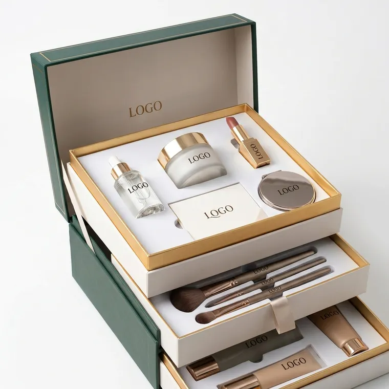 Premium cosmetics PR box with tiered trays, fitted inserts, and branded products