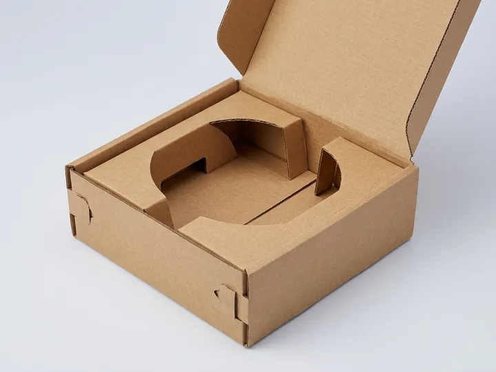 Open kraft belt box showing the curved insert cavity, locking tabs, and corrugated edges