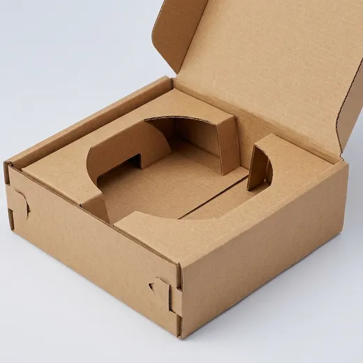 Open kraft belt box showing the curved insert cavity, locking tabs, and corrugated edges