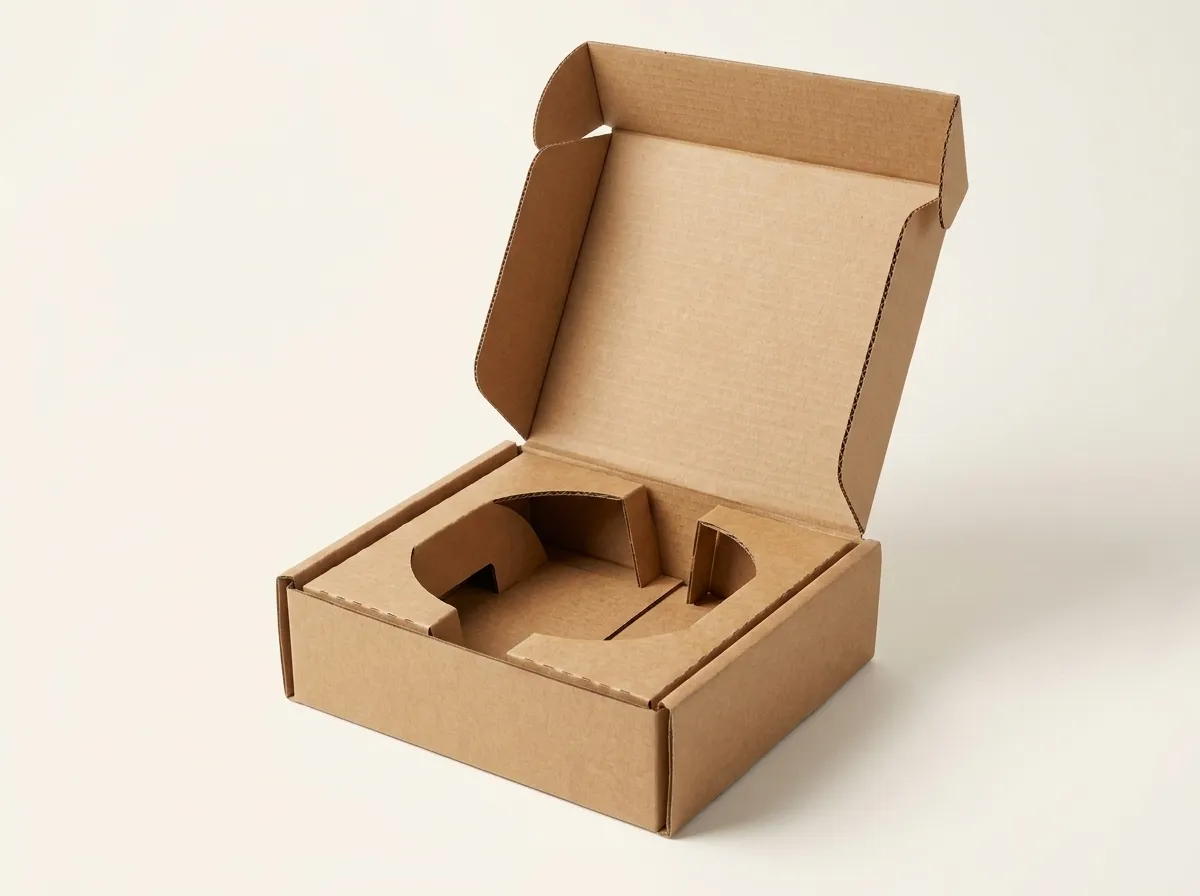 Open kraft corrugated belt box showing hinged lid and curved die-cut paper insert