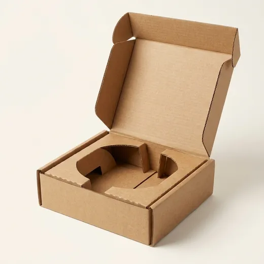 Open kraft corrugated belt box showing hinged lid and curved die-cut paper insert