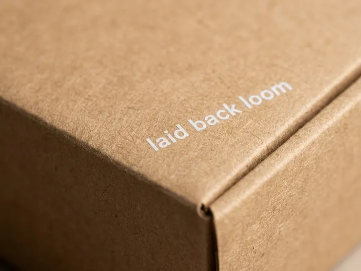 Close-up of white printed lettering on the natural kraft belt box lid