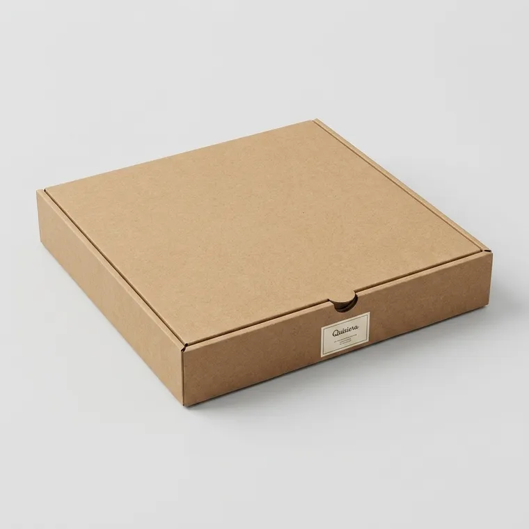 Closed natural kraft literature mailer box with a shallow profile and small front label