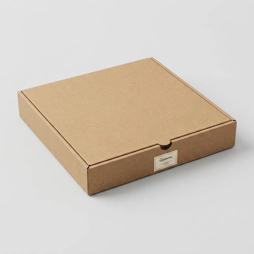 Closed natural kraft literature mailer box with a shallow profile and small front label