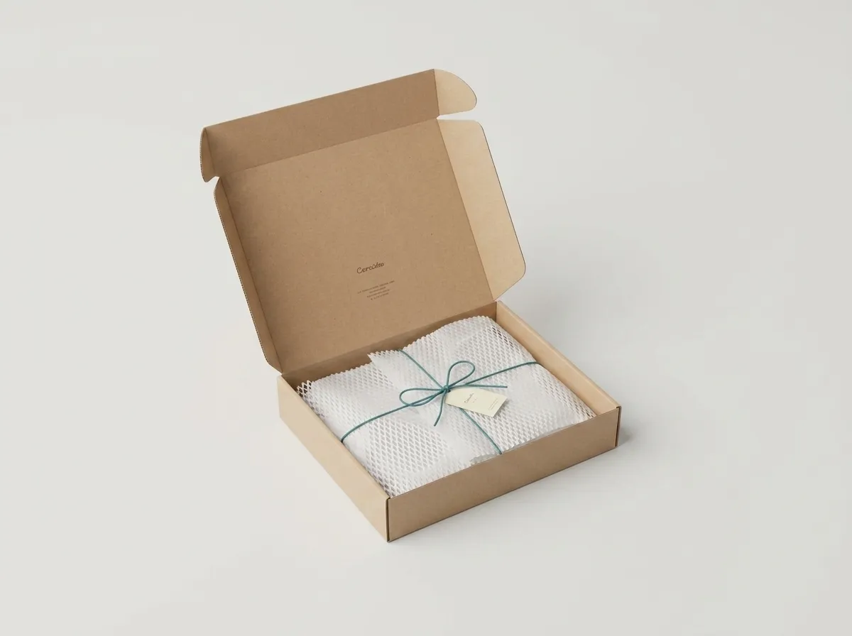 Open natural kraft literature mailer showing hinged lid, side wings, folded walls, wrapped contents, cord, and card