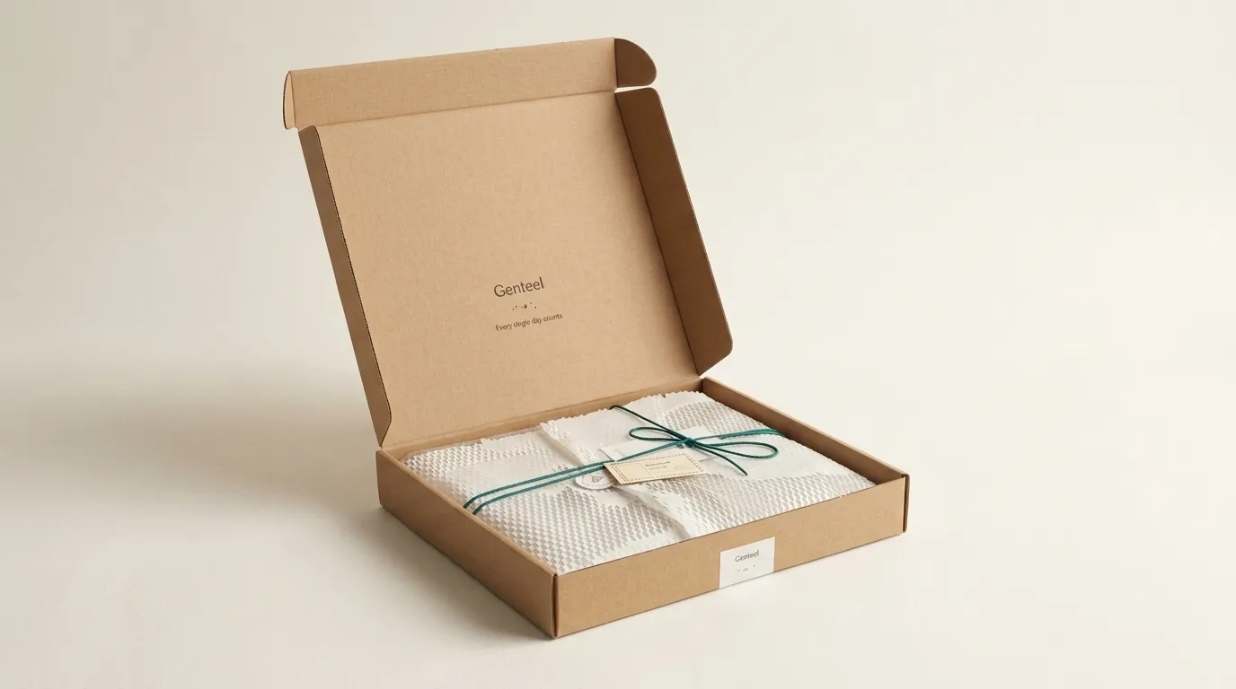Wide studio view of an open kraft boutique mailer with honeycomb paper wrap, cotton cord, cards, and a small front label
