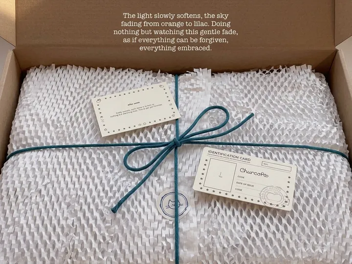 Close view of white honeycomb paper, teal cotton cord, printed cards, and seal sticker inside a kraft boutique mailer