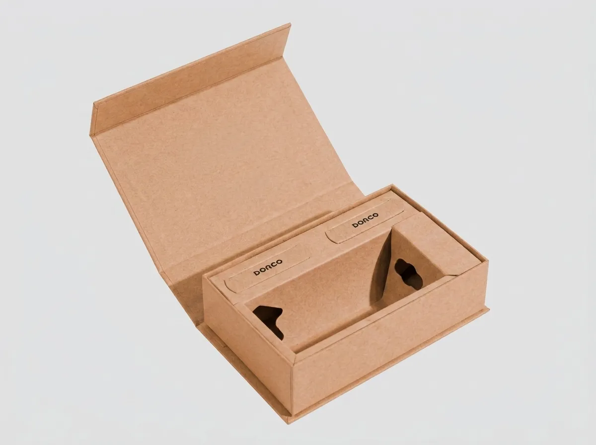 Open kraft magnetic rigid box with hinged lid and fitted paper insert