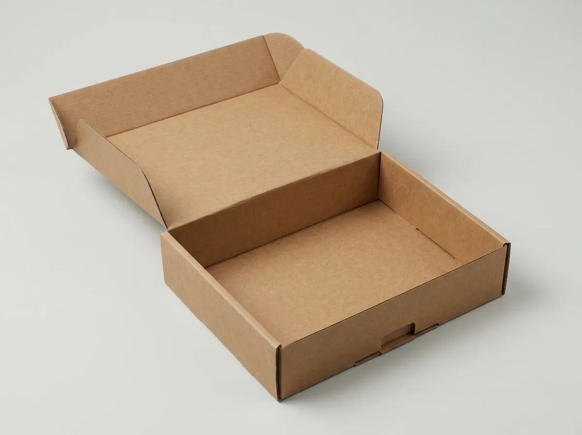 Open unlaminated kraft E-flute mailer box showing hinged lid and folded walls