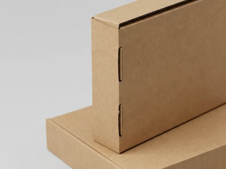 Close-up of two die-cut side locks in an E-flute kraft corrugated mailer box