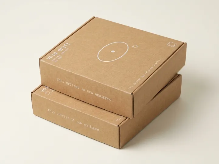 Two stacked custom kraft corrugated mailer boxes with consistent white artwork
