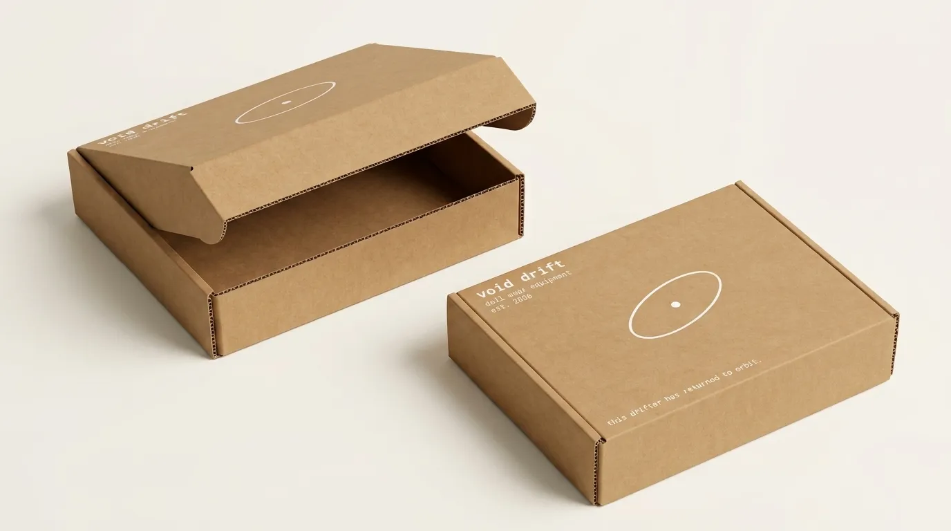 Open and closed custom kraft paper mailer boxes on a warm white studio background