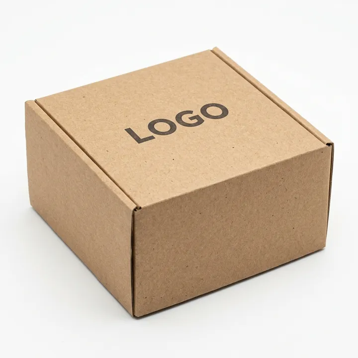 Kraft paper box with simple logo on a clean natural eco packaging background