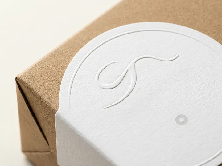Macro view of a curved white paper label with blind embossed artwork on kraft board