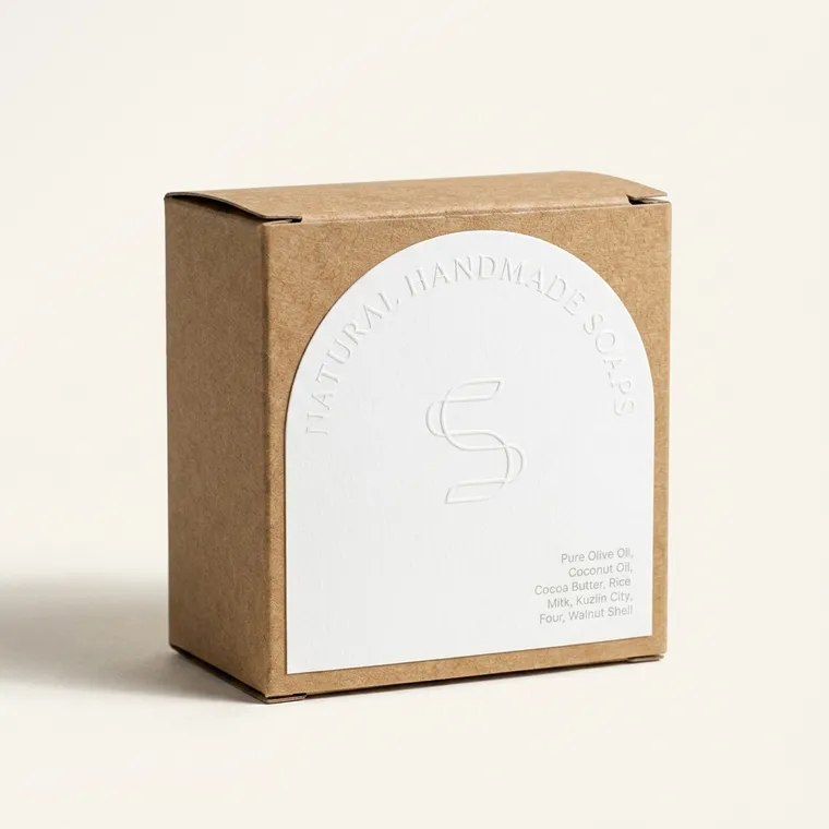 Closed square custom kraft soap box with a curved white embossed label