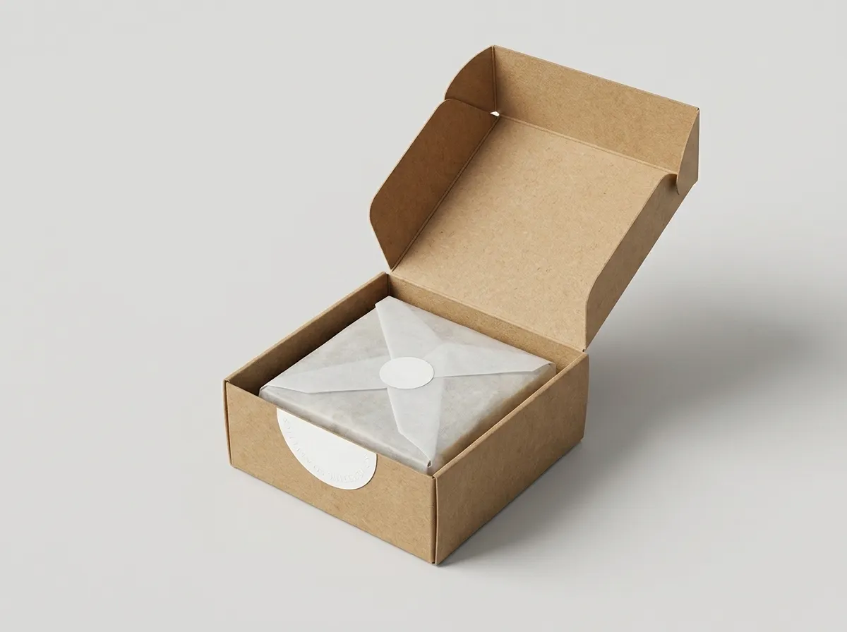 Open hinged kraft soap box showing folded walls and tissue-wrapped soap bar