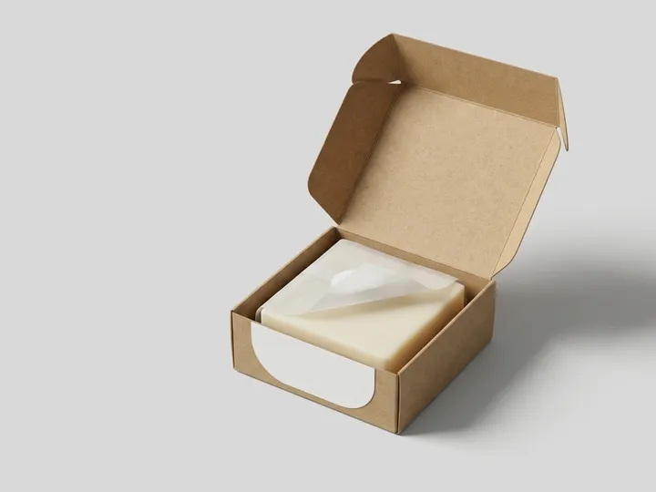 Open kraft soap box with a square soap bar and tissue wrap