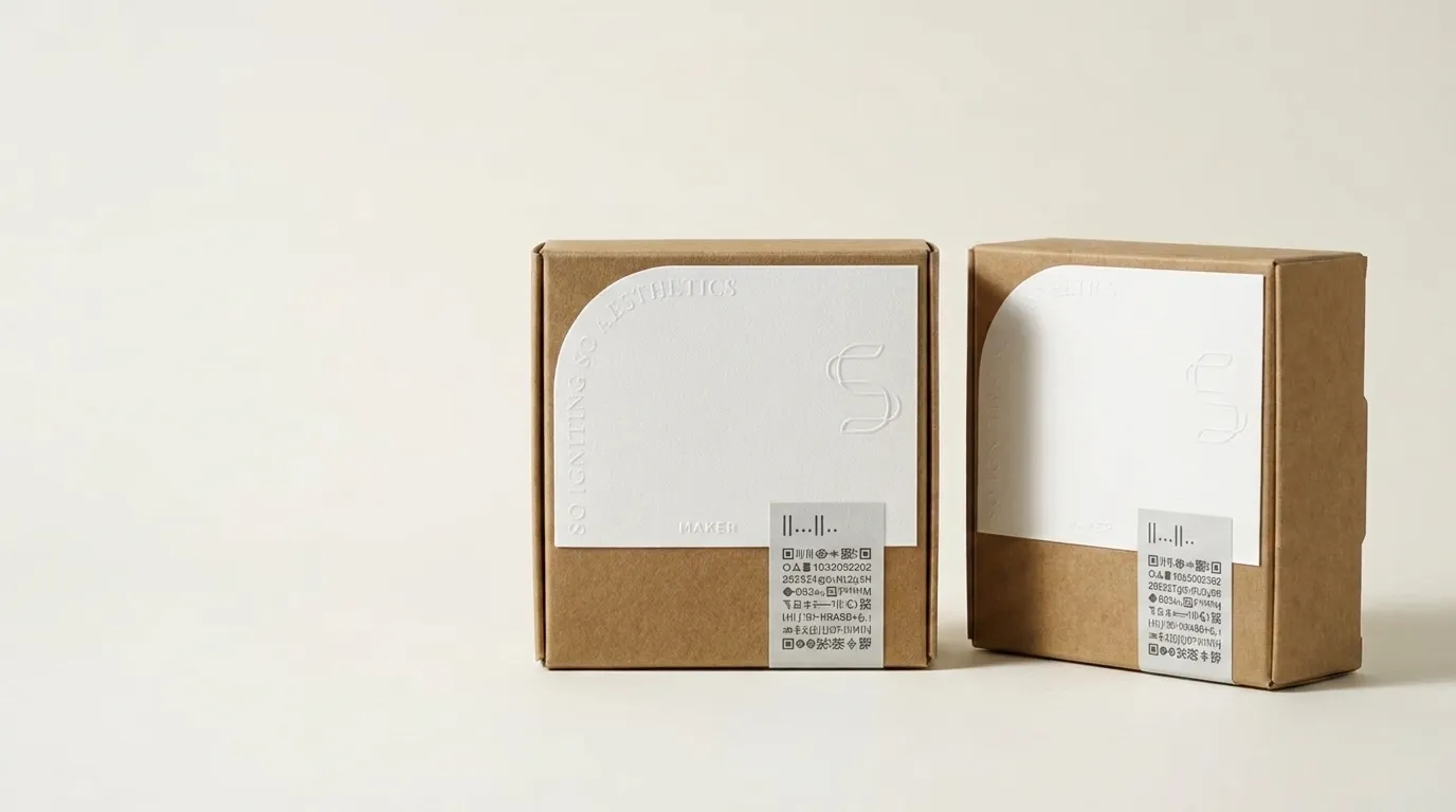 Two closed square custom kraft soap boxes with curved white embossed labels