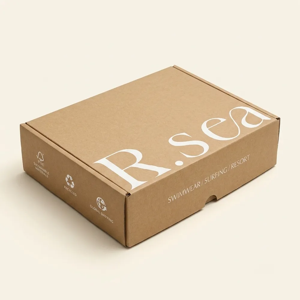 Closed natural kraft corrugated swimwear mailer box with large white exterior artwork