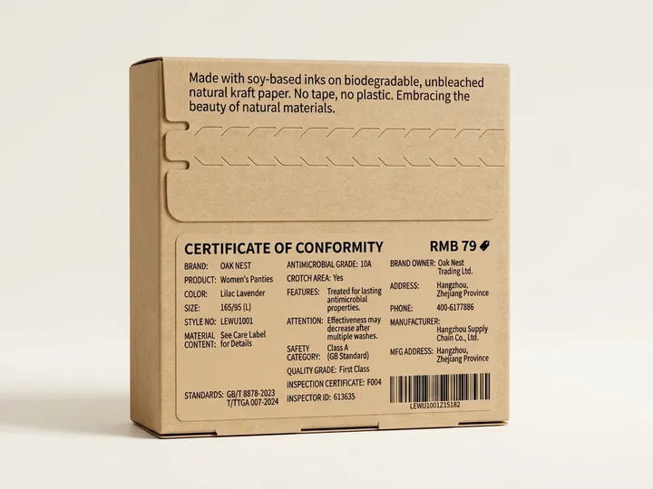 Back of a kraft underwear box with paper product-information label and tear-open line