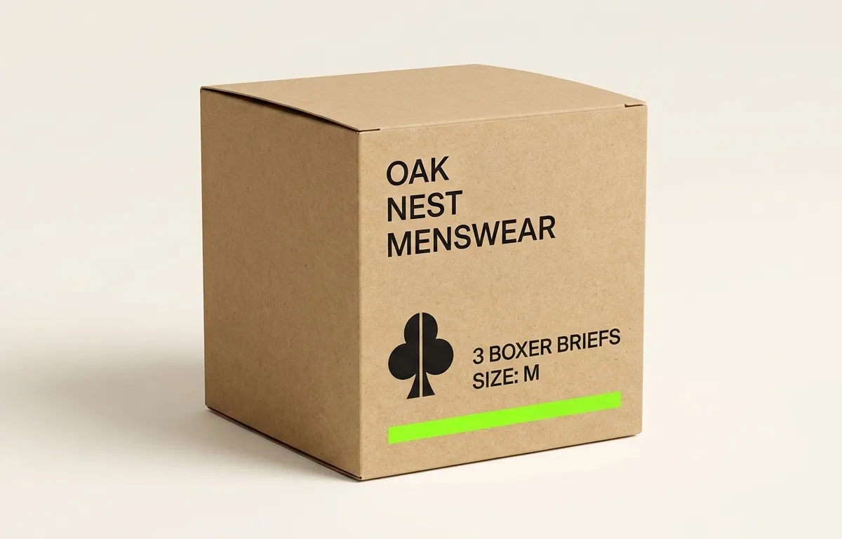 Open kraft underwear box holding one folded pale-lilac underwear unit