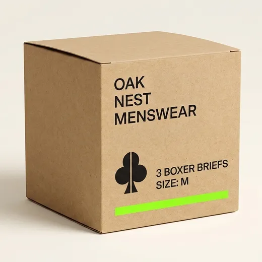 One folded underwear unit fitted inside an open kraft paperboard carton