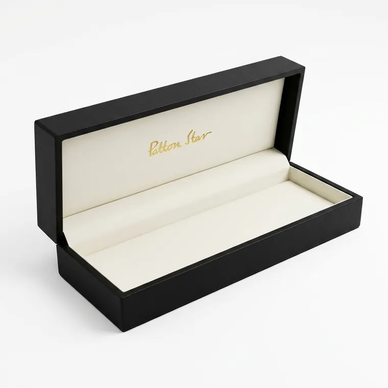 Open black PU leather wrapped rigid tie box with cream lining and gold logo