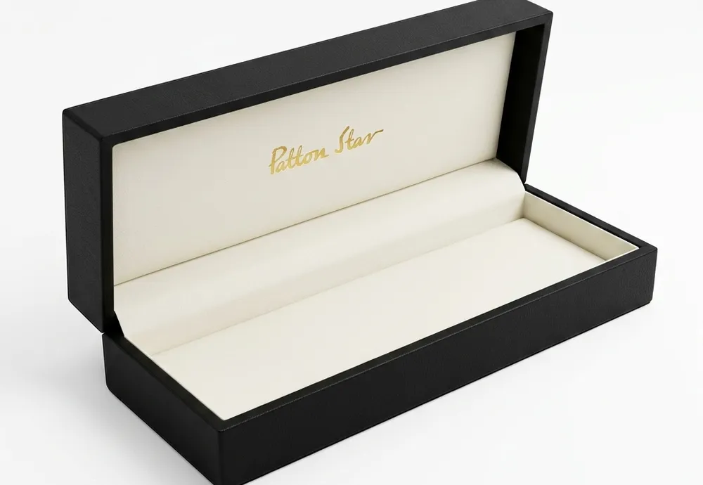 Open black PU leather magnetic tie box with cream lining and gold logo