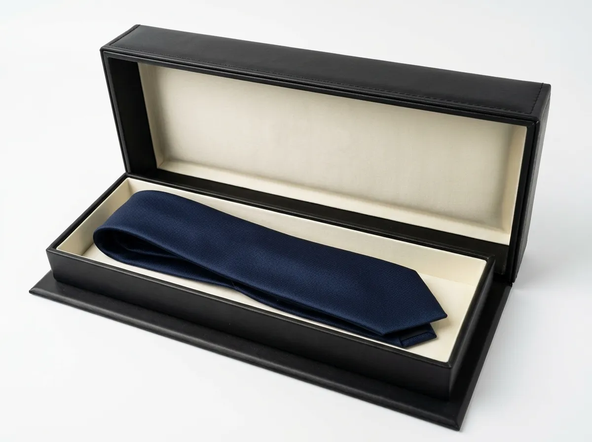 Open black leather tie gift box holding a folded navy necktie in a cream lined interior