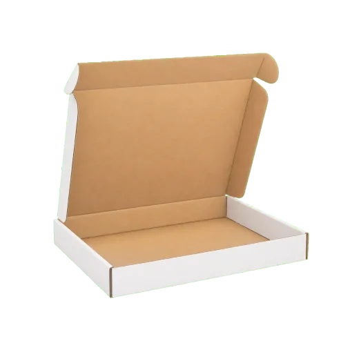 Literature mailer closed front three-quarter view showing custom corrugated board structure and branded shipping form