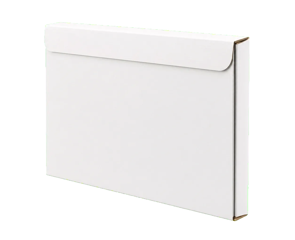 Literature mailer side view showing board depth, flute thickness, and folded edge detail